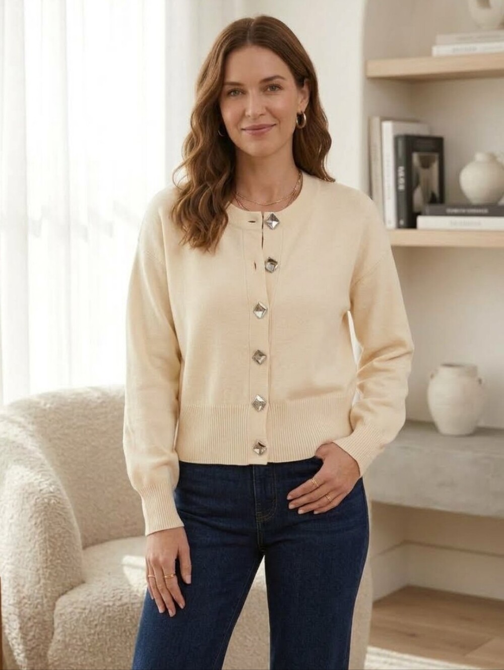 Jason Wu Cream Button-Front Cropped Cardigan with Decorative Buttons